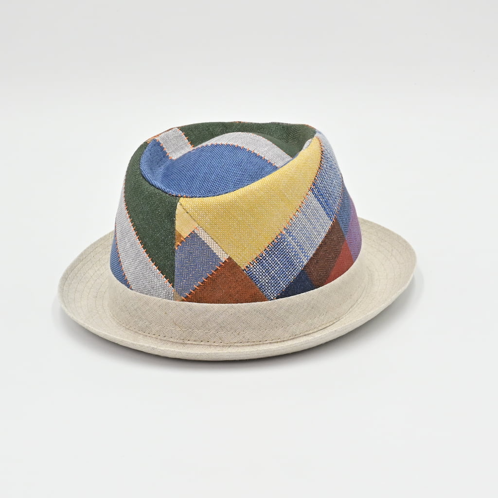Colorful patchwork hat on a light gray background