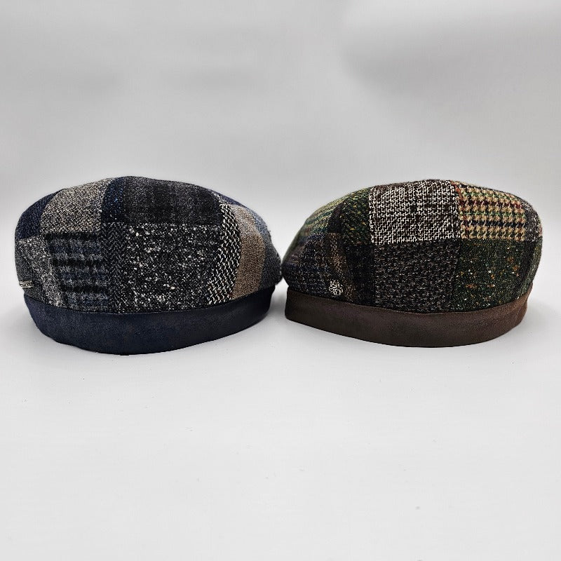 brown and blue newsboy hat back view
