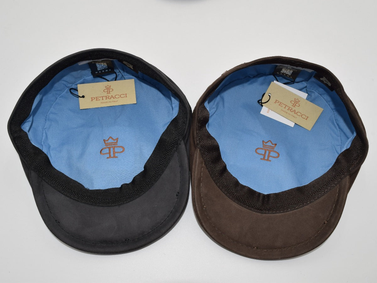 black brown leather newsboy hat inside view