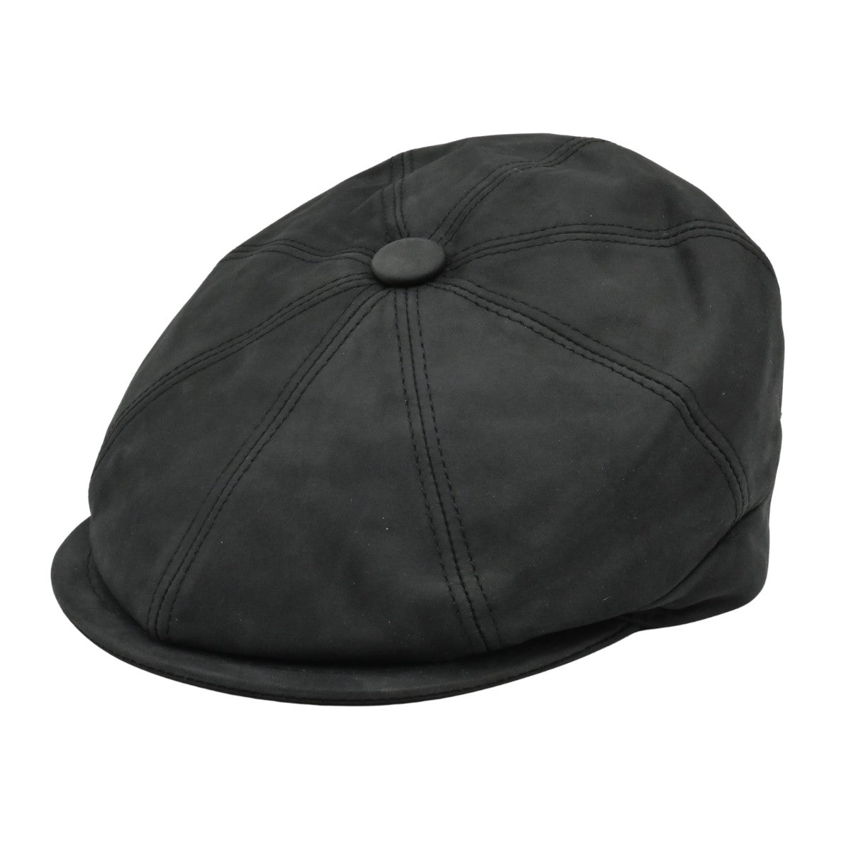 Black leather newsboy hat front view
