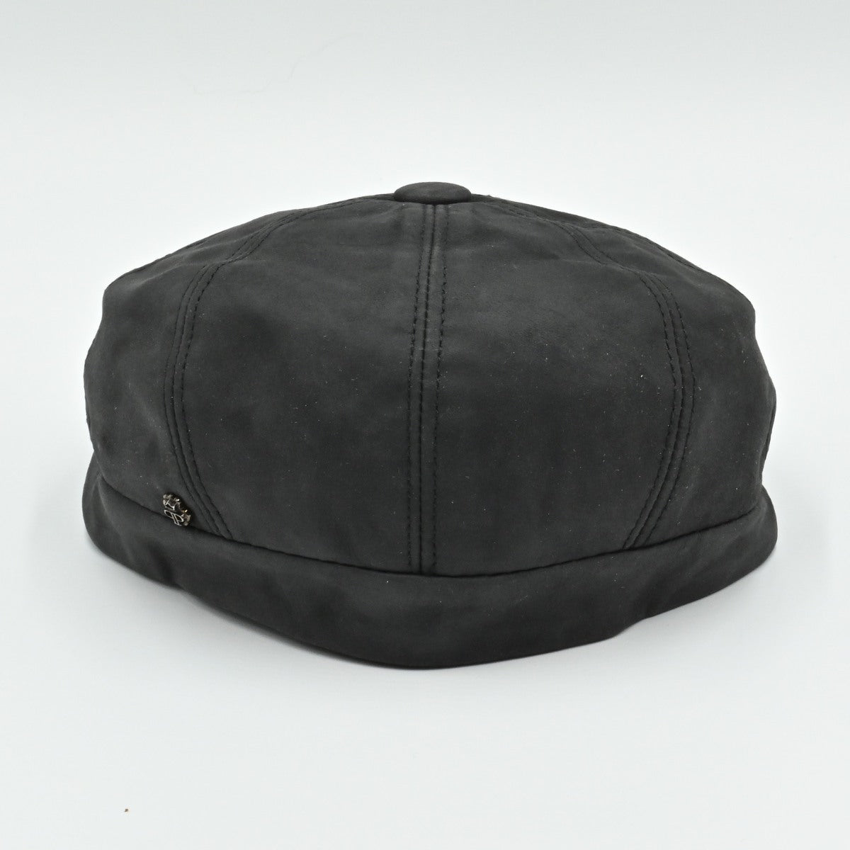 black leather newsboy hat back view