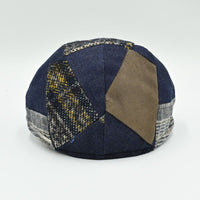 Back view of handcrafted multicolor Jeans Patchwork Cap with wool, cotton, and denim patchwork