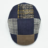 Top view of multicolor Jeans patchwork cap made from denim, wool, cotton, and mixed fabrics