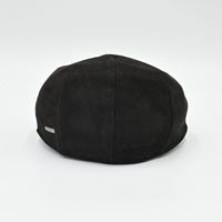 Black Italian leather flat cap – back view, premium nubuck driver cap