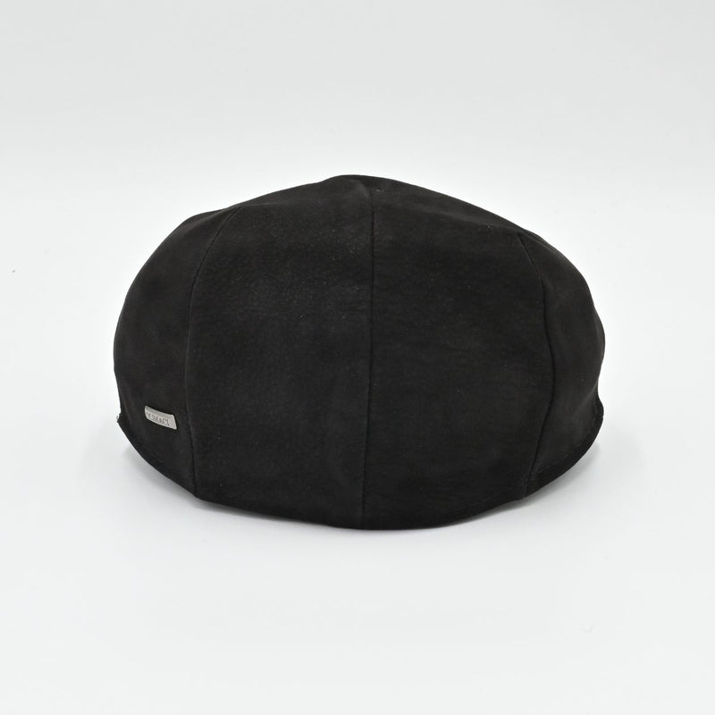 Black Italian leather flat cap – back view, premium nubuck driver cap