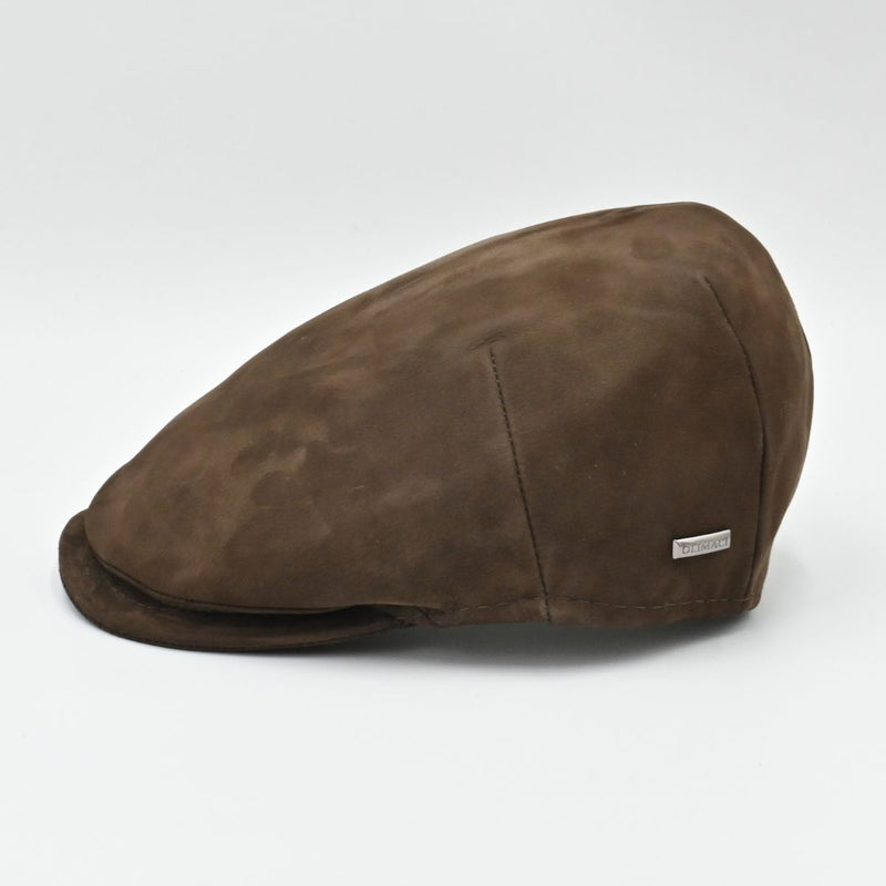 Brown nubuck leather driver cap – side angle, handcrafted Italian men’s hat