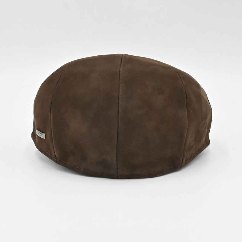 Brown Italian leather flat cap – back view, premium nubuck driver hat