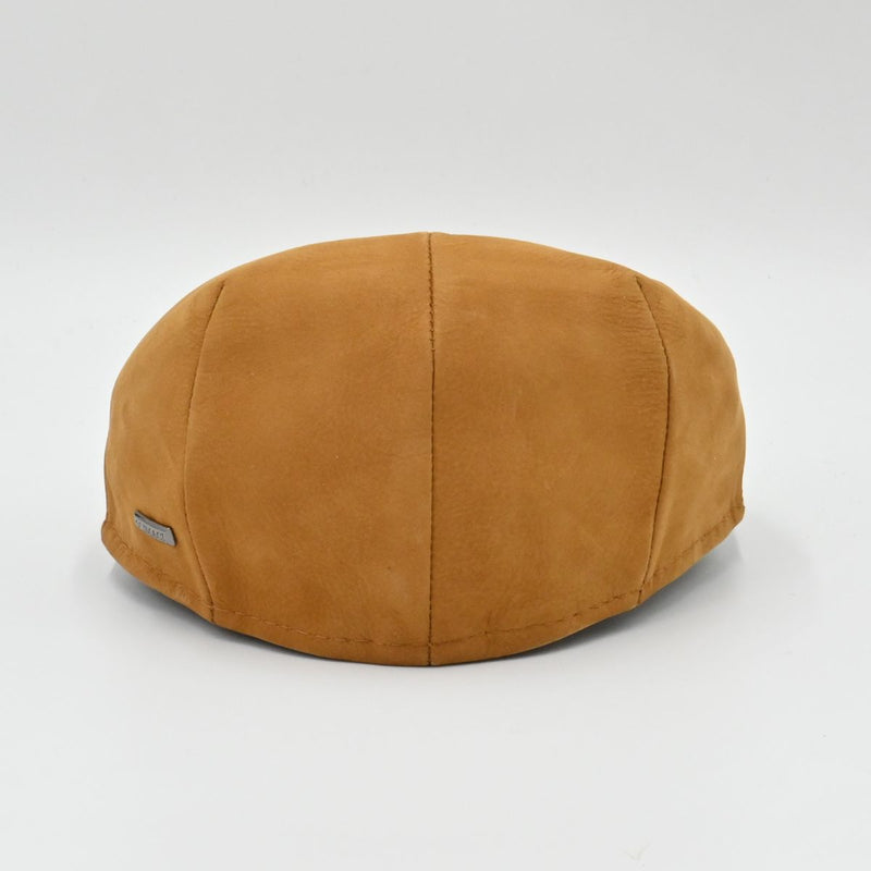 Cognac Italian leather flat cap – back view, premium nubuck driver hat