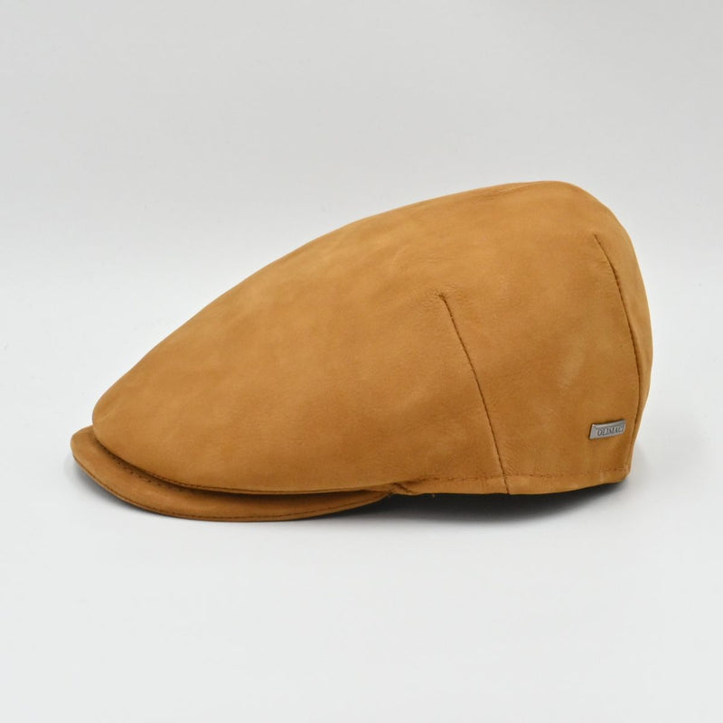 Cognac nubuck leather driver cap – side angle, handcrafted Italian men’s hat