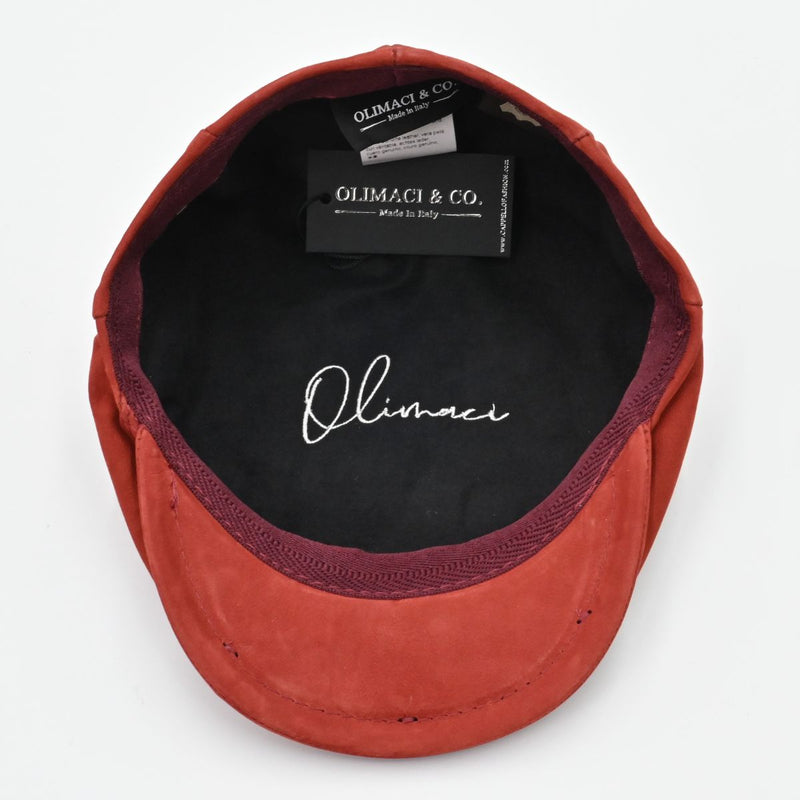Red driver cap interior – cotton lining inside Italian nubuck leather hat