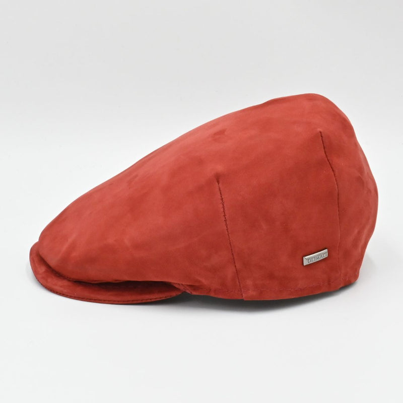 Red nubuck leather driver cap – side angle, handcrafted Italian men’s hat