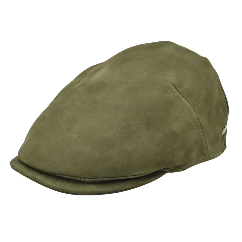 Green Italian nubuck leather driver cap – front view, men’s luxury flat cap