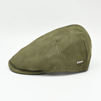 Green nubuck leather driver cap – side angle, handcrafted Italian men’s hat