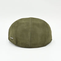 Green Italian leather flat cap – back view, premium nubuck driver hat