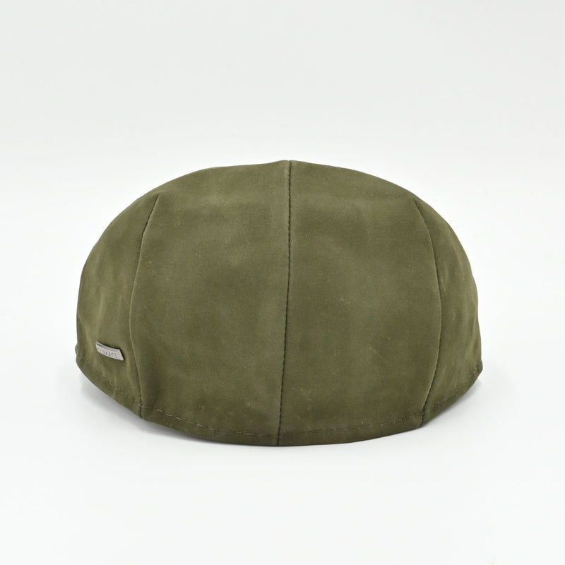 Green Italian leather flat cap – back view, premium nubuck driver hat
