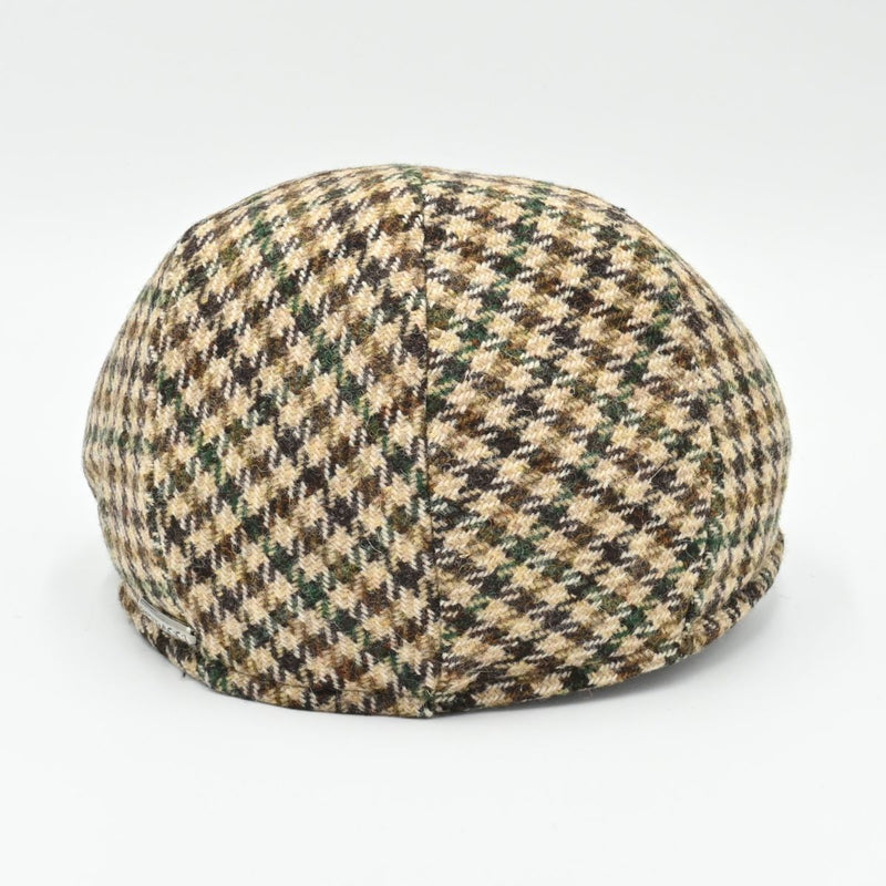back view of beige Pied de Poule wool cap in earth-tone pattern