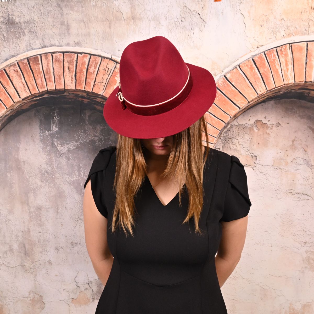 Red Women's Indiana Jones Wool Hat on the model