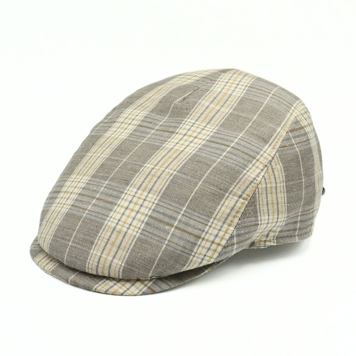 beige Trieste Plaid Linen Driver Cap on white background