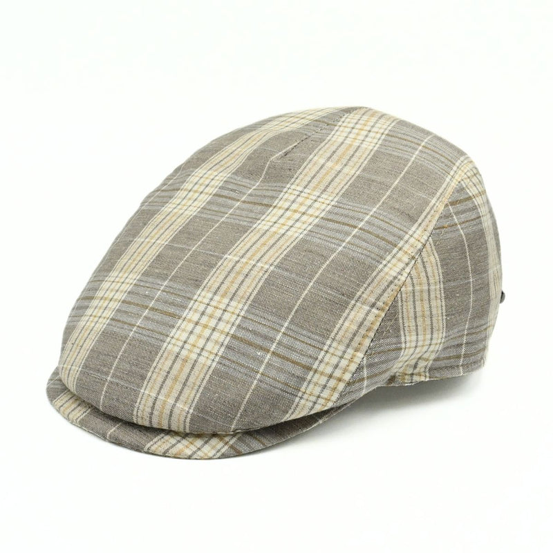 beige Trieste Plaid Linen Driver Cap on white background