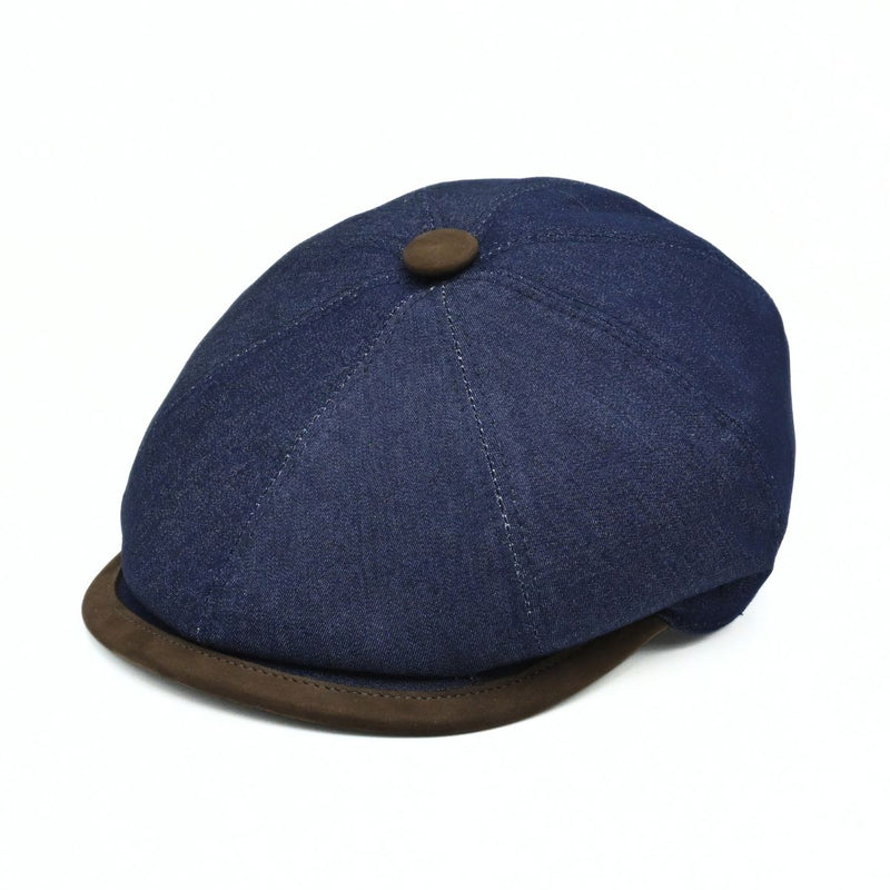 Navy Recco Denim Newsboy Hat. Italian cap on white background