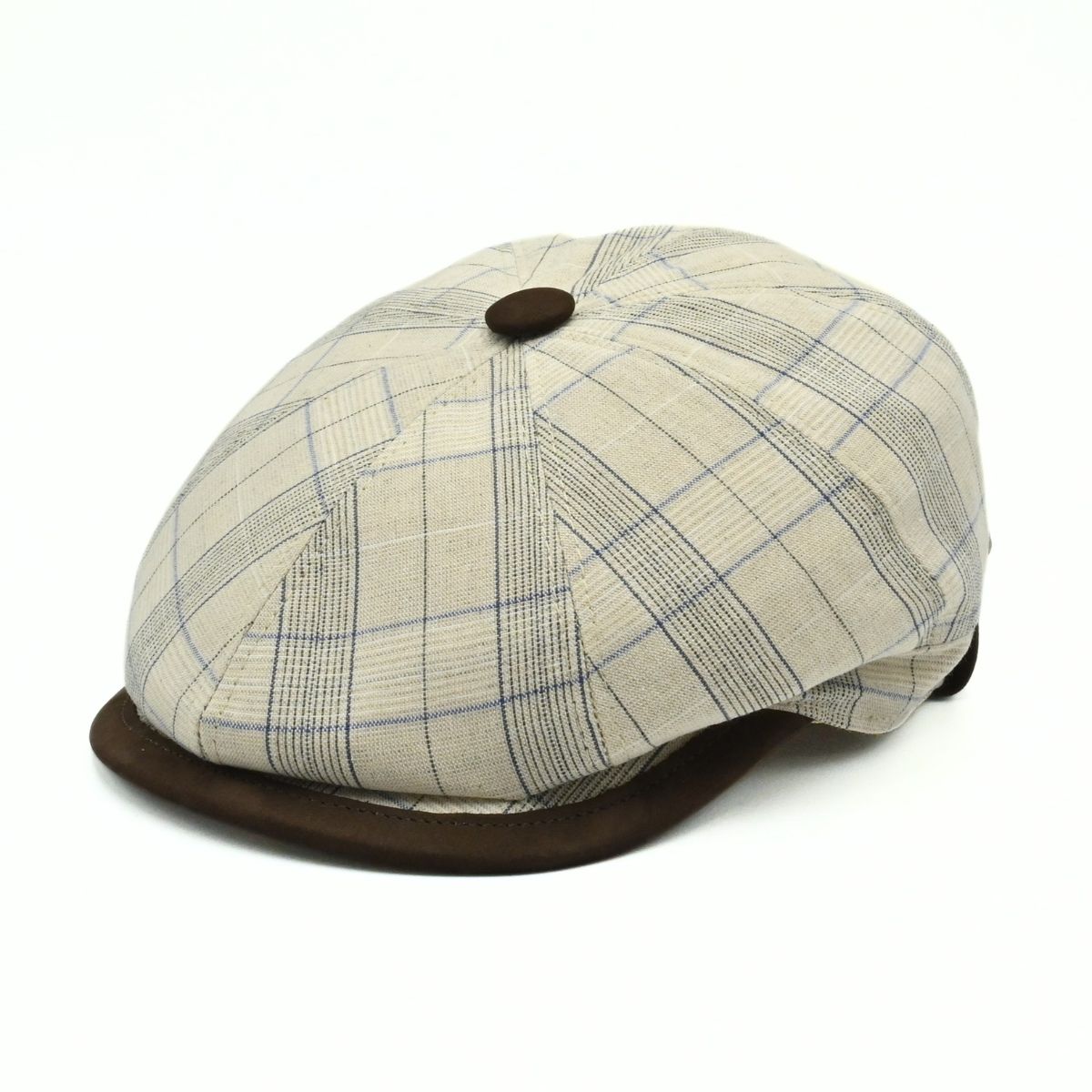 Beige Bartolomeo linen cotton newsboy hat with plaid pattern and leather visor on white background
