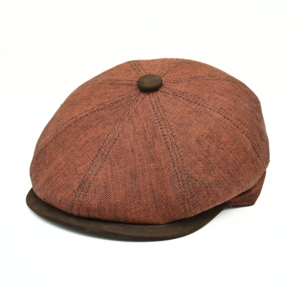 Rustico Linen Newsboy Hat with a button on a white background