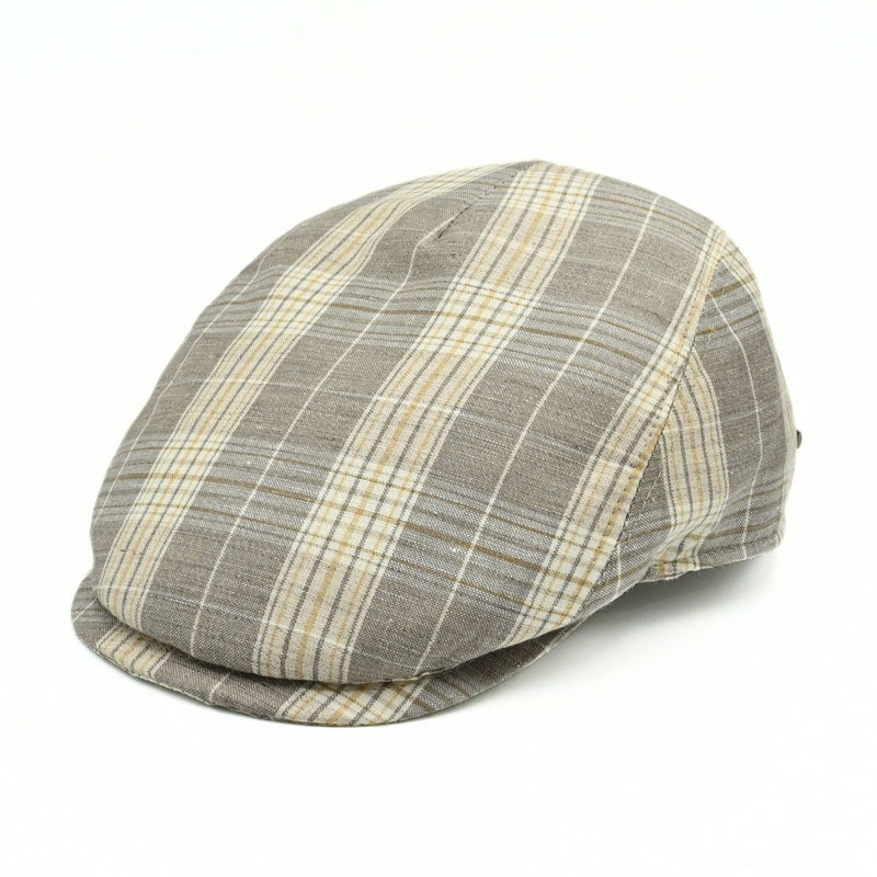 beige Trieste Plaid Linen Driver Cap on white background