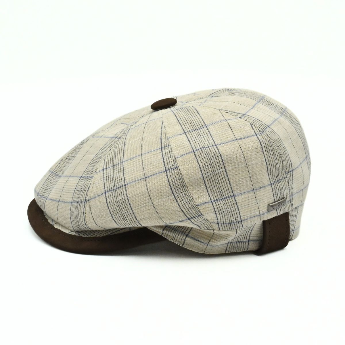 Beige Bartolomeo linen cotton newsboy hat with plaid pattern and leather visor on white background