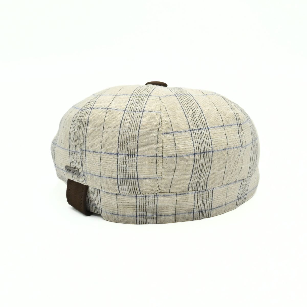 Beige Bartolomeo linen cotton newsboy hat with plaid pattern and leather visor on white background