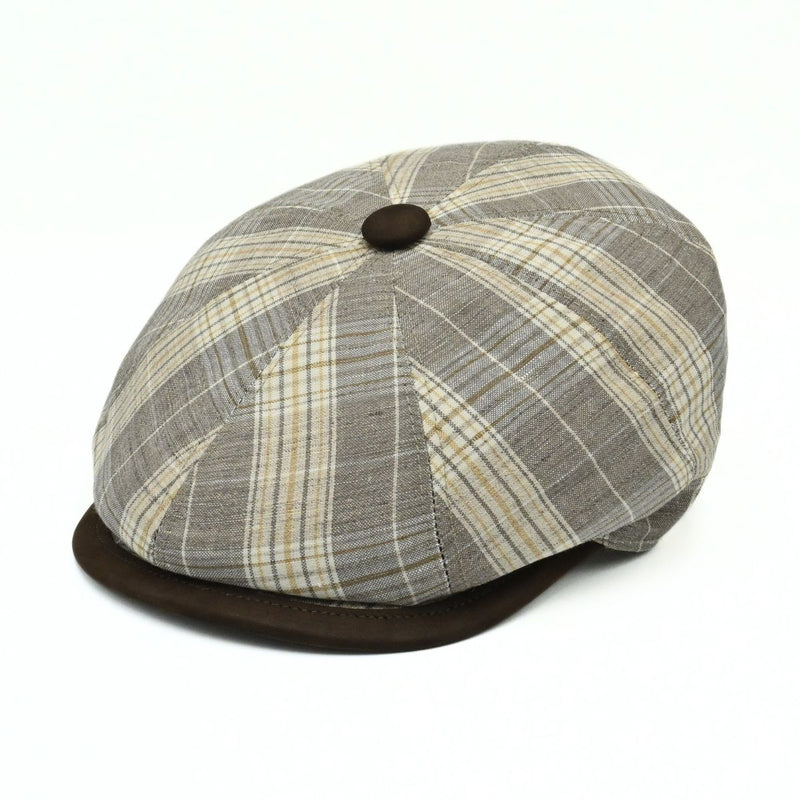 Beige Trieste Plaid Linen Newsboy Hat on white background