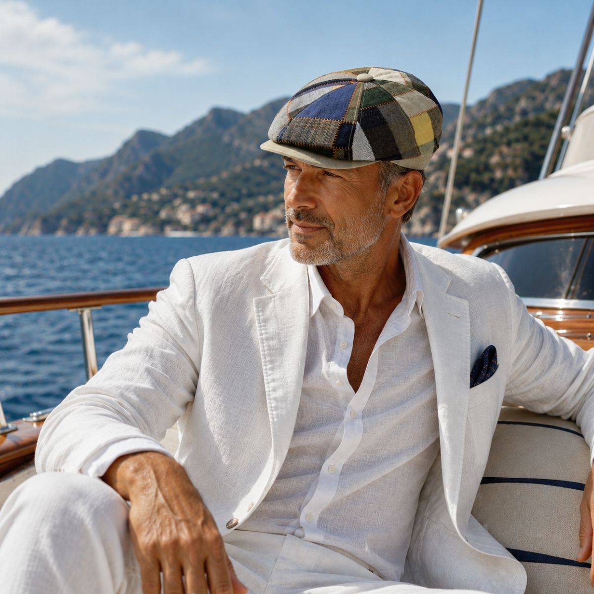 Man in Multicolor Italian Patchwork Newsboy Hat on the yacht. cappello fashion