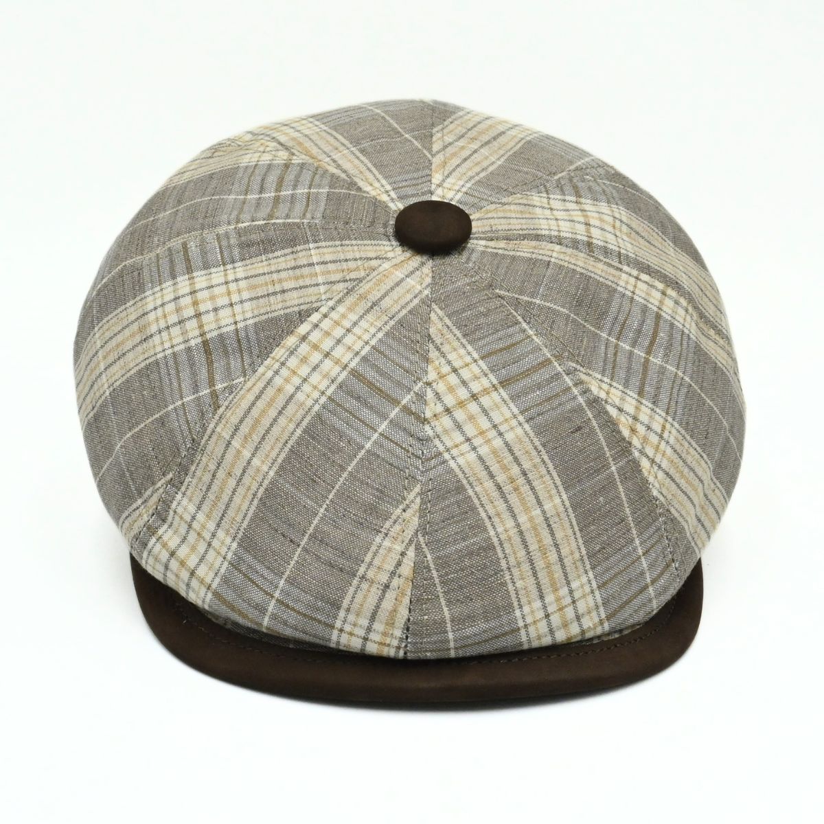 Beige Trieste Plaid Linen Newsboy Hat on white background