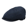 Front view of navy Shetland Wool Leather-Trim Newsboy hat handmade in Italy – front view showing leather visor.