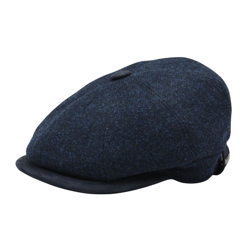 Front view of navy Shetland Wool Leather-Trim Newsboy hat handmade in Italy – front view showing leather visor.