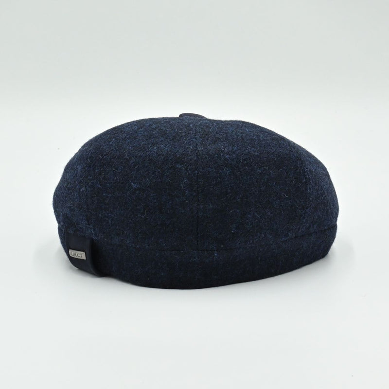 back view of navy Shetland Wool Leather-Trim Newsboy hat handmade in Italy – front view showing leather visor.