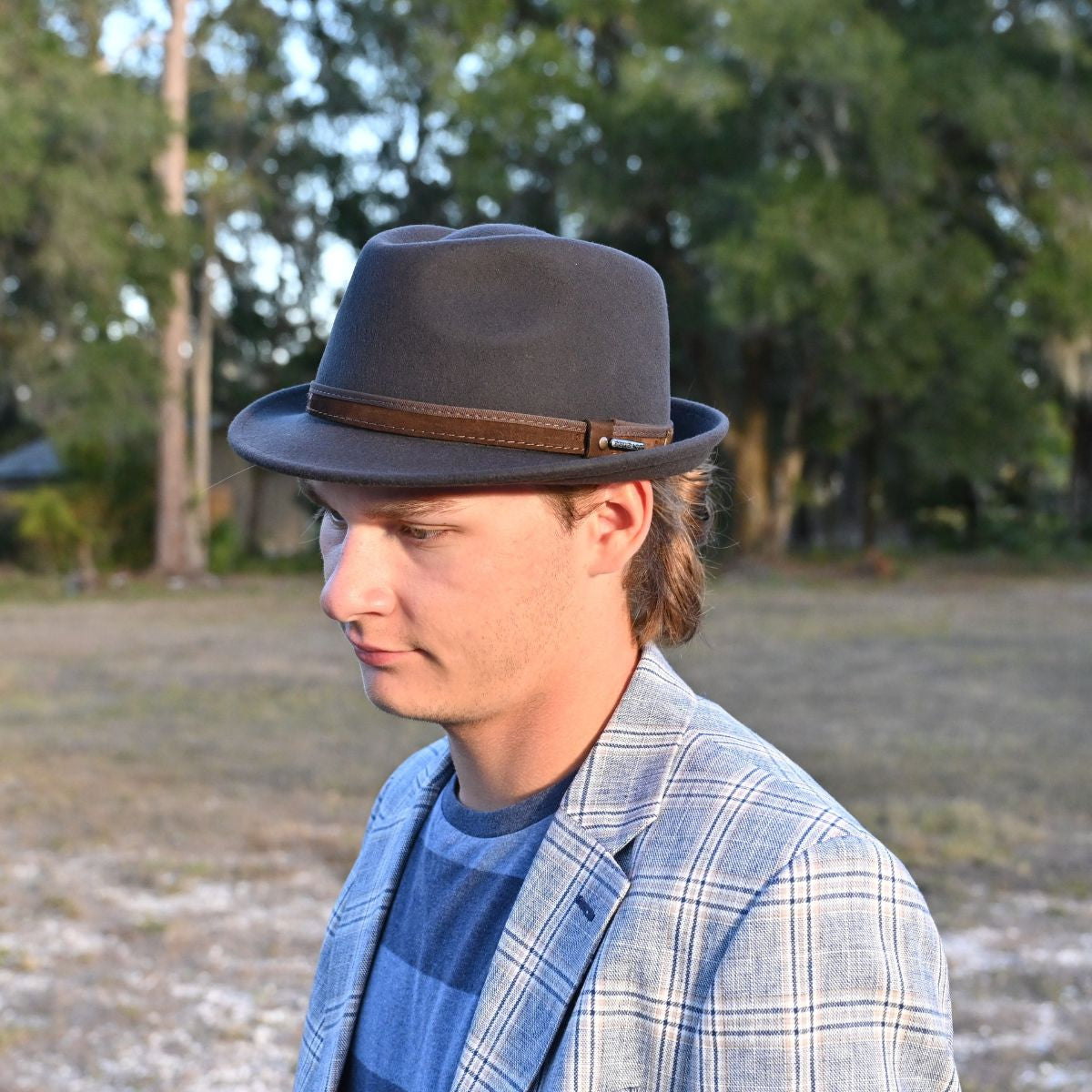Grey Alpine Hat front view on model