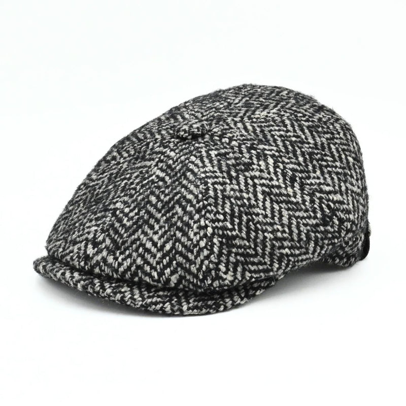 Grey Herringbone Pattern Newsboy Hat front view
