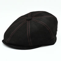 Black Modena Leather Newsboy Hat with red stitching front view