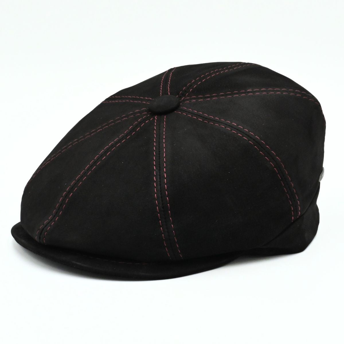 Black Modena Leather Newsboy Hat with red stitching front view