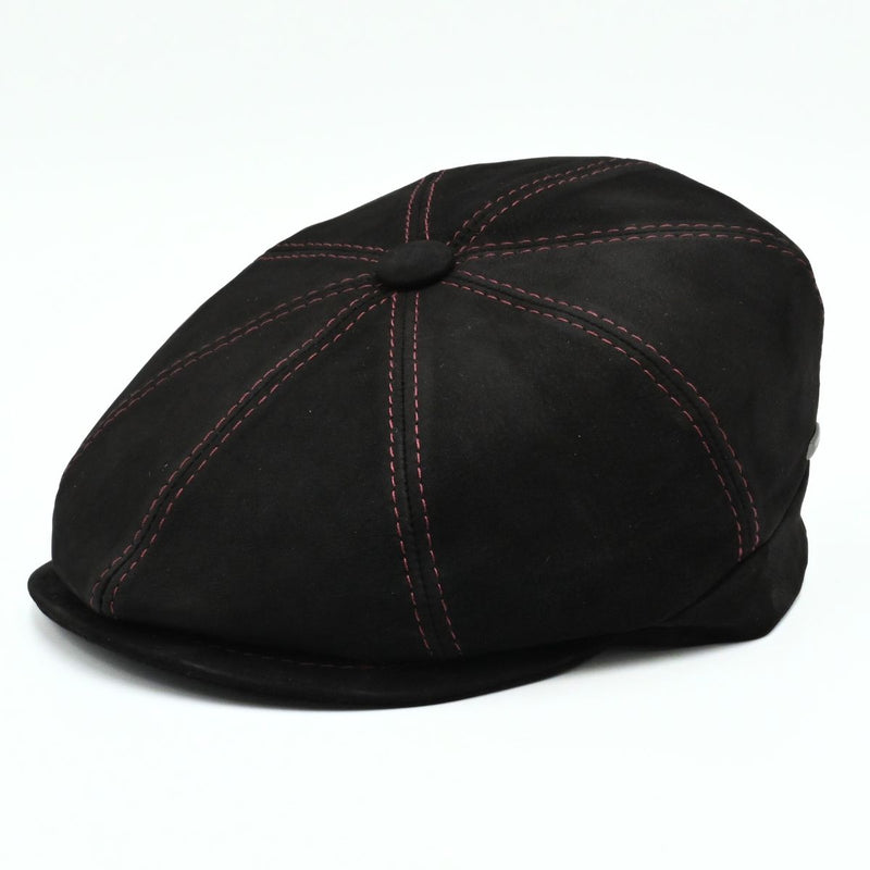 Black Modena Leather Newsboy Hat with red stitching front view