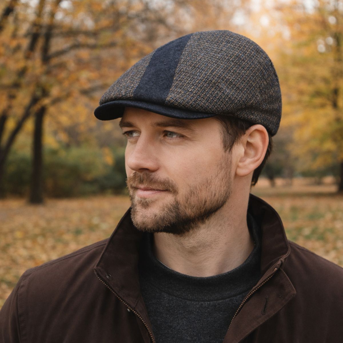 man in the park in the Bergamo Cap – Italian wool patchwork cap in navy and tweed