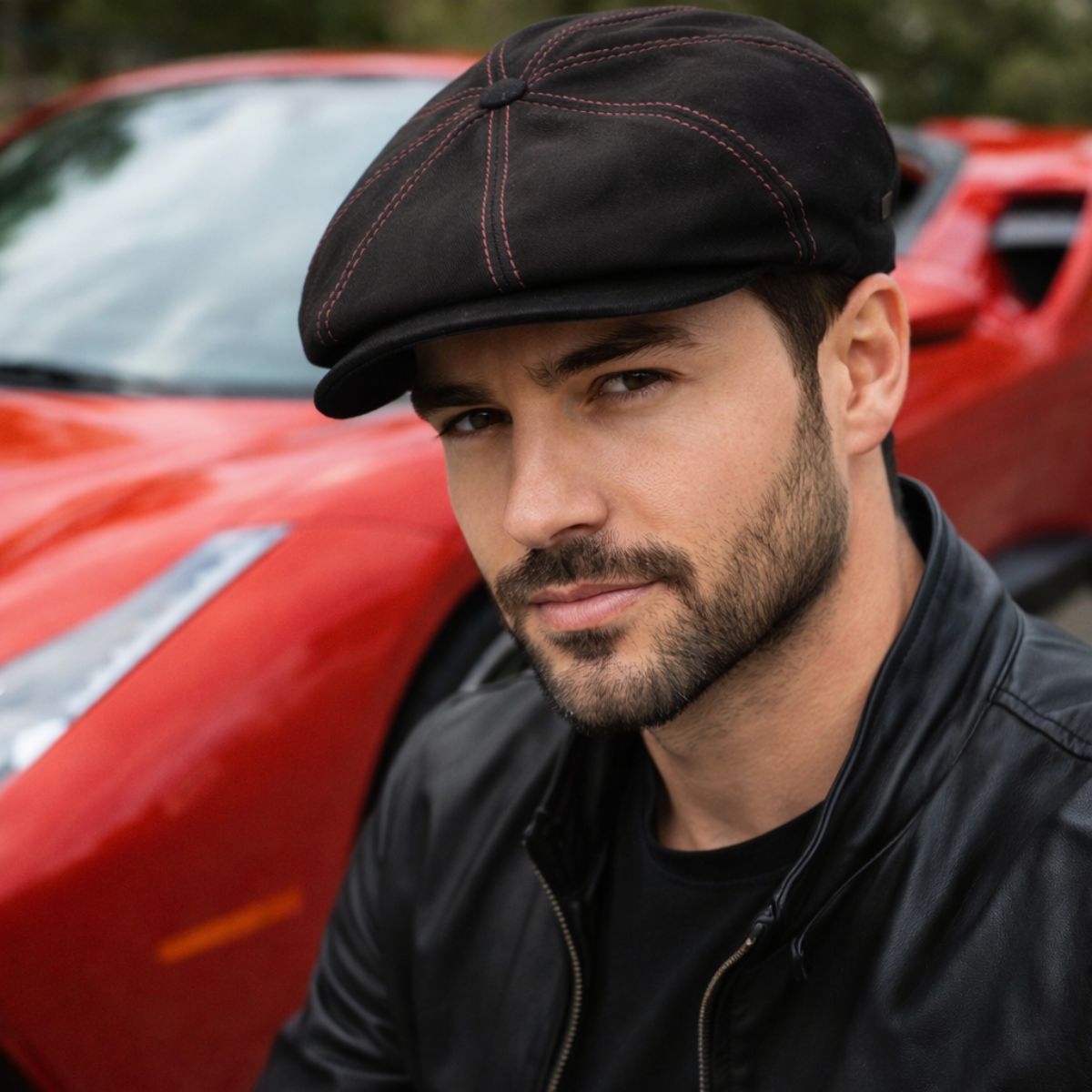 Black Modena Leather Newsboy Hat with red stitching front view on model with red sports car in background