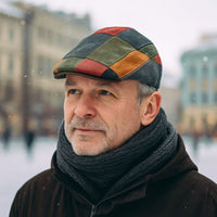 Multicolor Napoli Leather Patchwork Cap front view on person with city in the background