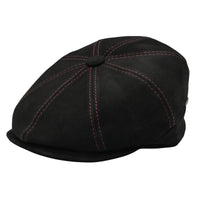 Black Modena Leather Newsboy Hat with red stitching front view