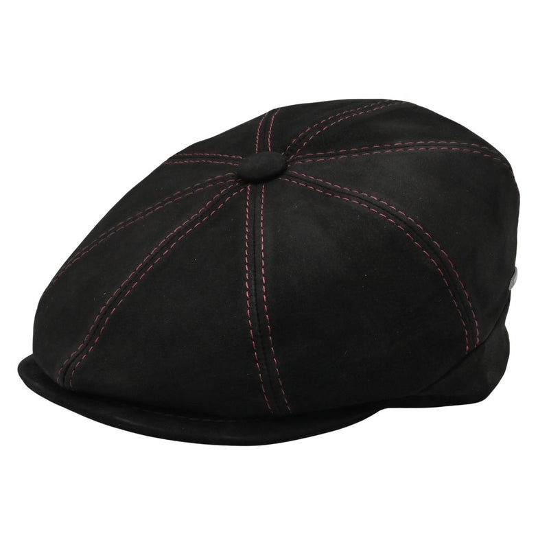 Black Modena Leather Newsboy Hat with red stitching front view