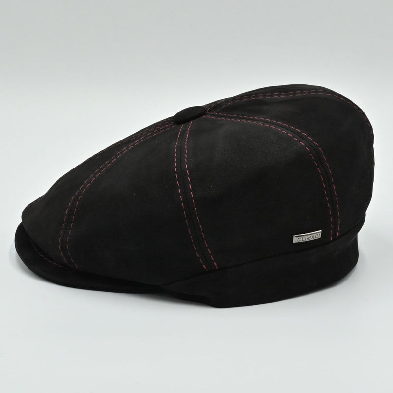 Black Modena Leather Newsboy Hat with red stitching side view