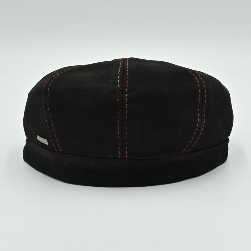 Black Modena Leather Newsboy Hat with red stitching back view