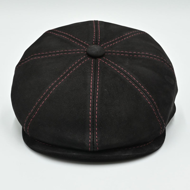 Black Modena Leather Newsboy Hat with red stitching top view