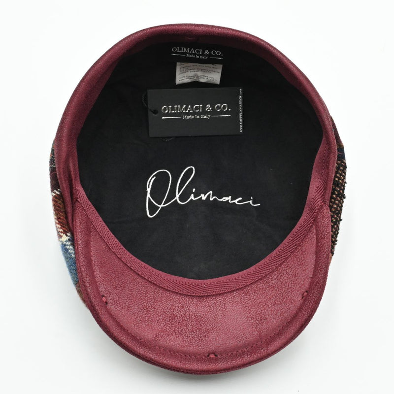 Inside view of the Chianti Bordo Patchwork Newsboy Hat showing the soft cotton lining for comfort