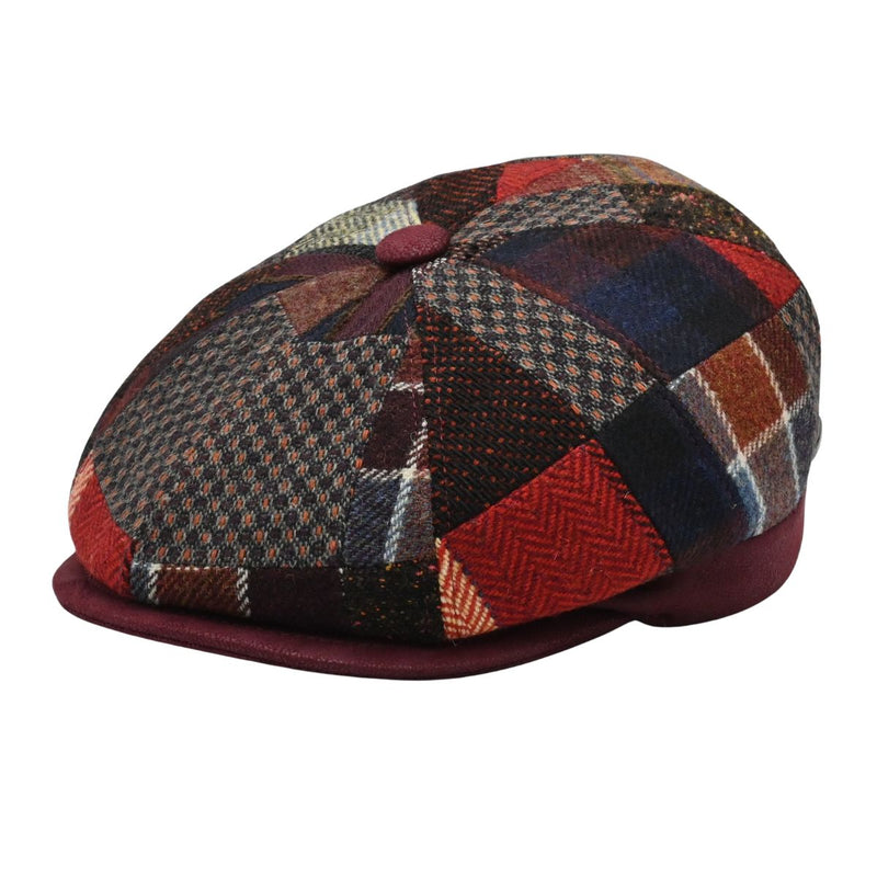 Front view of the Bordo Chianti Patchwork Newsboy Hat with multicolor wool panels and faux leather visor